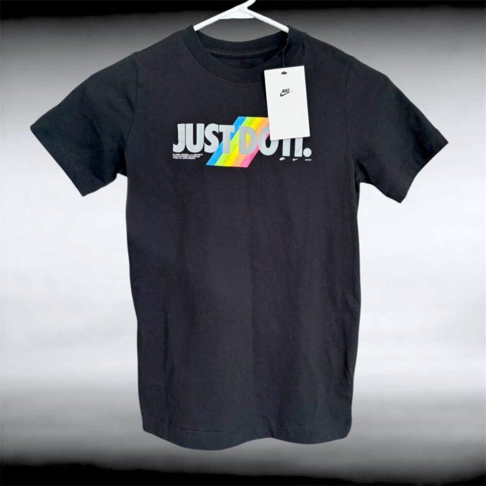 100% Cotton Nike Just Do It Neon Rainbow Colors Kid's S Unisex Black T-Shirt NWT